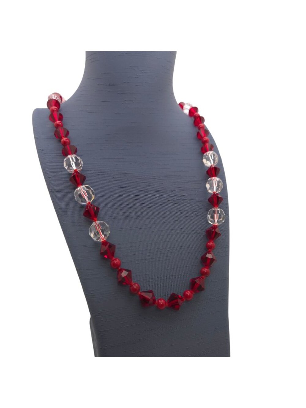 Vintage Ruby Red Clear Crystal Bead Necklace Hand Strung 24" Silk Sterling Clasp
